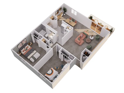 A 3D floor plan of a house with a kitchen, living room, and two bedrooms.